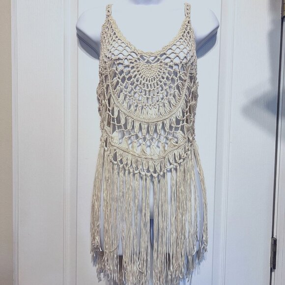 NO Brand Tops - Crocheted Sleeveless Fringe Top-NWOT-Medium?-Cream Long Unique Design-See thru